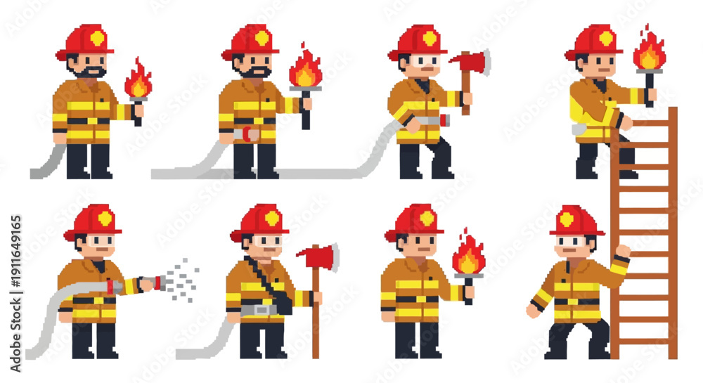 Fototapeta premium pixel art firefighters in diverse action poses with axes hoses and torches depicting emergency services for retro gaming.