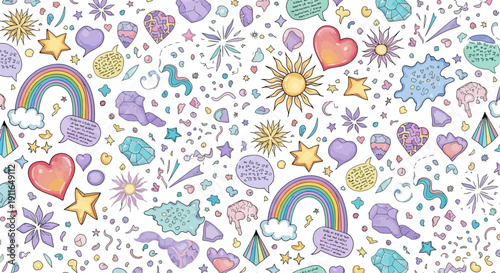 magical pastel seamless pattern with whimsical mystical elements perfect for childrens designs digital paper and enchanting backgrounds.