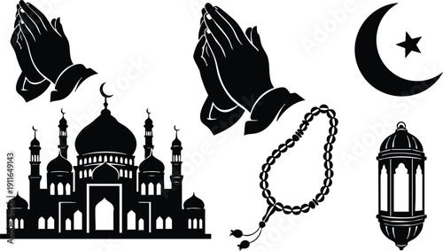 Black silhouette vector art of praying hands mosque crescent star lantern and prayer beads icons islamic religious symbols in flat style for faith and spirituality themes