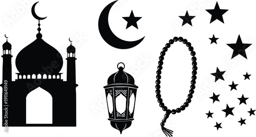 Silhouette style mosque with crescent moon star lantern and prayer beads vector icons set islamic religious symbols black and white isolated elements design