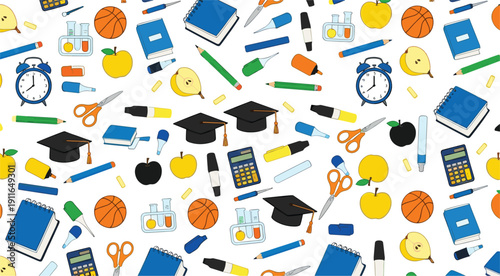 Seamless Back to School Pattern Vector with Books Graduation Caps Stationery Science Icons and Education Elements