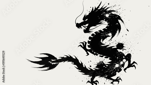 dynamic black ink dragon illustration powerfully rendered with expressive splatters embodying traditional asian culture and mythical strength.