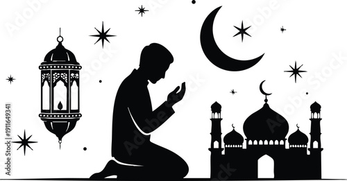 Silhouette of man praying on knees near mosque crescent moon hanging lantern stars in islamic style black and white vector art