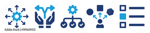 Icons illustrating strategy, decision making, workflow, and task management