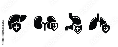 Icons of protected human organs liver kidney stomach lungs with shield
