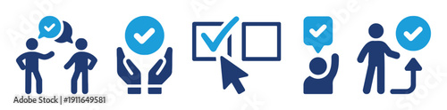 Icons representing agreement, selection, and confirmation in business and process management
