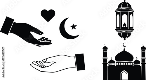 Minimalist black and white vector art showing open hands with heart and crescent star with mosque silhouette and traditional lantern for islamic culture and religious theme