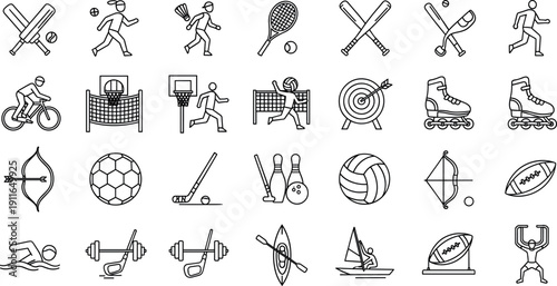 Minimal line sports and athletic icon set featuring soccer tennis basketball archery running cycling sailing and water activities