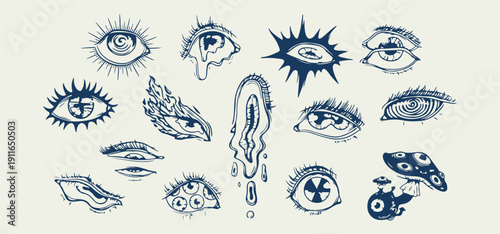 eye tattoo flash design, hand drawn eye sketch set, blue ink illustration artwork, surreal anatomy drawing sheet, artistic tattoo reference pack, vintage line art collection, detailed facial feature v
