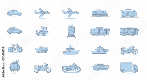 Transportation line icons set. Vehicles collection.