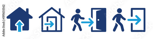 Icons showing process of entering and exiting home or building with doors