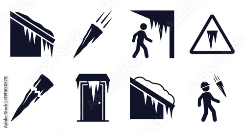 Icy conditions and falling icicle warning icons for winter hazards