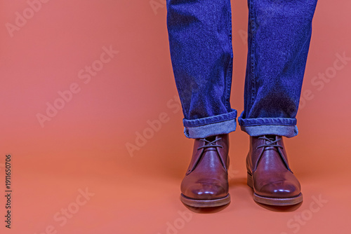 Close-up of Male Legs in Casual Jeans Clothing Wearing Leather Tanned Derby Boots Standing Legs Straight Against Orange