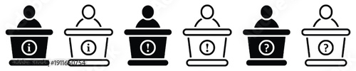 Information desk icons with person silhouette and signs like info, exclamation, question