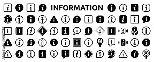 Information icons in various shapes and styles including i and alert symbols