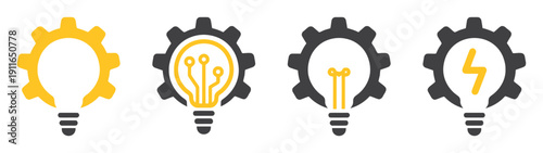Innovation and ideas concept lightbulb and gear icons in yellow and dark gray