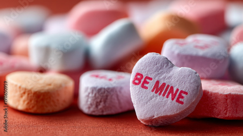 Colorful candy hearts with romantic messages on orange background  