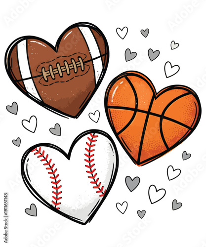 Three heart-shaped sports balls, football, basketball, and baseball, with outline hearts on a clean white background, representing sports passion.