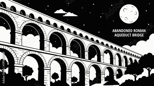 night ancient roman aqueduct bridge landscape with full moon and dense stars above stone arches across dark horizon showing historic architecture and celestial astronomy galaxy environment