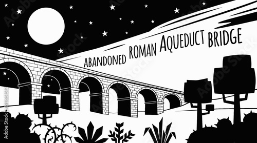 night ancient roman aqueduct bridge landscape with full moon and dense stars above stone arches across dark horizon showing historic architecture and celestial astronomy galaxy environment