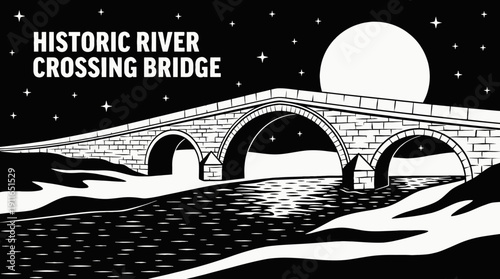 night historic river crossing bridge landscape with full moon and star filled sky across dark water horizon showing ancient architecture and celestial astronomy galaxy environment