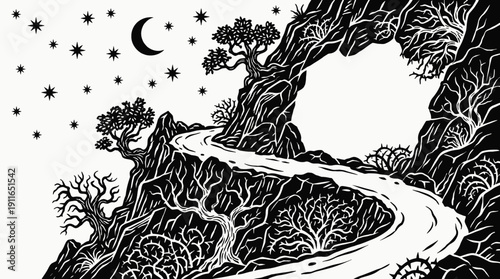 night ancient cliffside road landscape sketch with crescent moon and bright stars across rocky horizon showing historic stone pathway and celestial astronomy galaxy environment