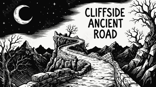 night ancient cliffside road landscape sketch with crescent moon and bright stars across rocky horizon showing historic stone pathway and celestial astronomy galaxy environment