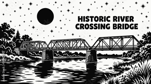 night historic river crossing bridge landscape with full moon and star filled sky across dark water horizon showing ancient architecture and celestial astronomy galaxy environment