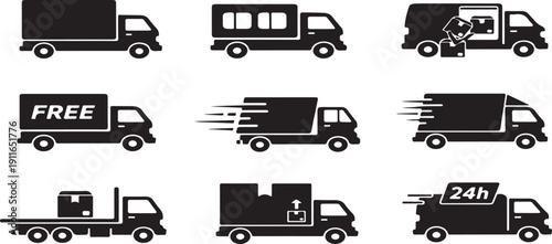  Various delivery trucks and vans in motion for logistics and transportation.