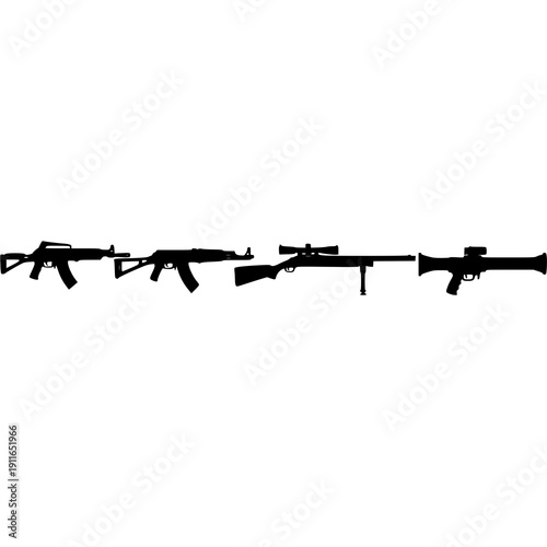 Modern Military Weapons Silhouette Set Tactical Rifles and Launcher Vector