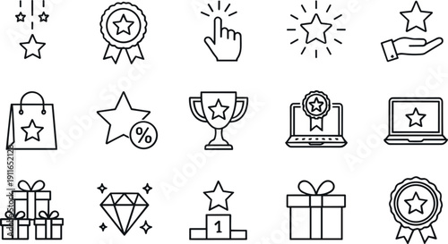 Minimal line icon set of awards, ratings, prizes, gifts, recognition, achievements, badges, and success symbols for digital use