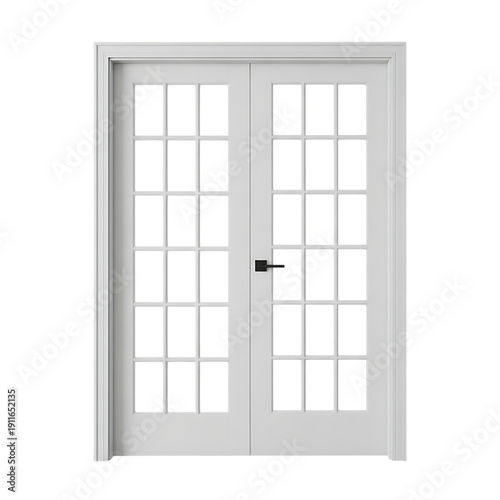 Modern white double french doors with glass panes, sleek black handle, isolated
