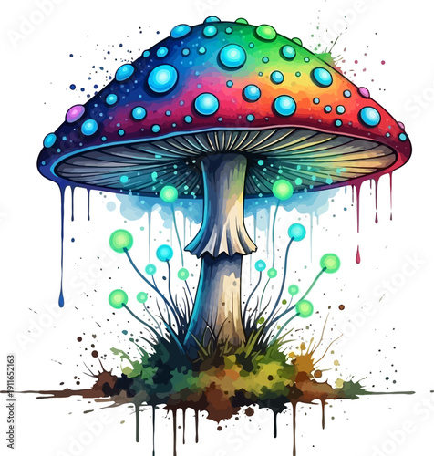 Rainbow Mushroom Glowing Watercolor Illustration Isolated on White