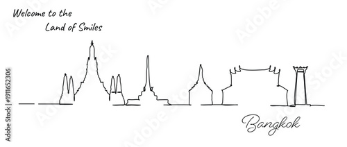 Minimal Bangkok city skyline line art with iconic landmarks in a clean modern style