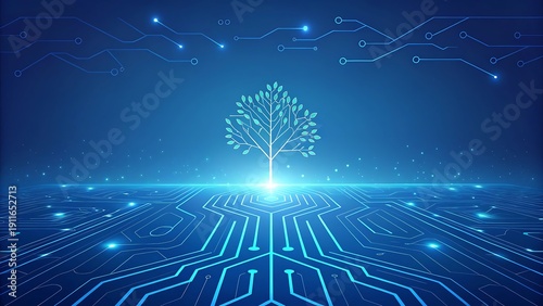 Abstract Digital Tree Growth on Glowing Blue Circuit Board for Technology and Innovation
