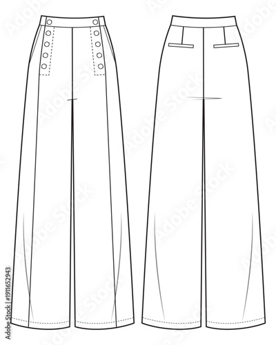 Woman tailor pants with buttons technical drawing