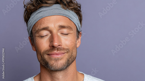 Young man smiling with eyes closed and wearing headband on purple background  