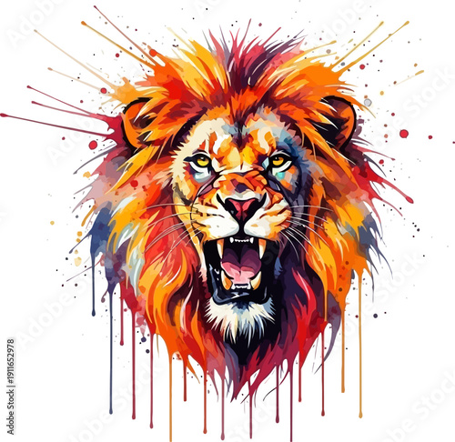 Lion Roaring Fiercely, Vibrant Watercolor Splash Art Isolated on White
