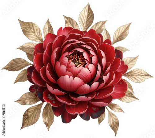 Red Flower png Peony Cutout Gold Leaf Illustration Elegant Floral png Crimson Blossom Cutout Luxury Flower Illustration Botanical Artwork isolated transparent background image