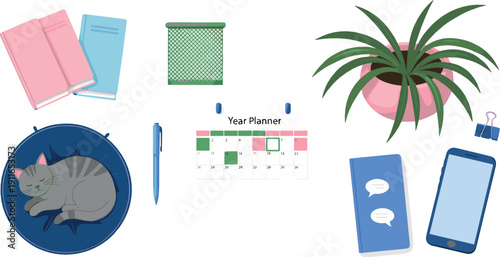 Cozy home office and planning illustration set with planner, notebooks, sleeping cat, houseplant, smartphone, tablet, and everyday workspace items
