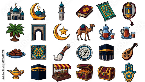 Collection of Islamic Symbols and Objects in Blue and Gold Tones