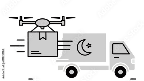 Delivery Truck with Drone Transporting Package at Night Time