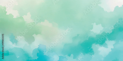 Soft, blended watercolor background in shades of teal, green, and white.