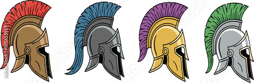 Ancient Spartan and Roman Warrior Helmets with Colored Crests Set in Hand Drawn Flat Vector Illustration