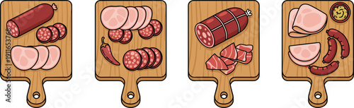 Assorted Sausages and Deli Meats on Wooden Cutting Boards Set in Hand Drawn Flat Vector Illustration