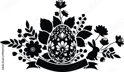 Black silhouette floral decorated easter egg with ribbon banner and small rabbit surrounded by detailed leaves and flowers vector art design element
