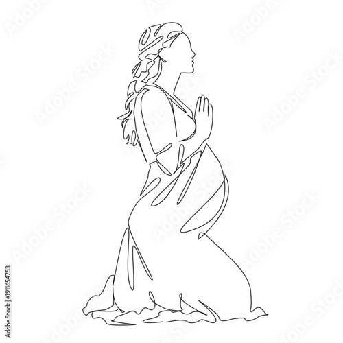One continuous single drawing line art flat doodle woman, pregnant, hand, belly, motherhood, pregnancy, lifestyle, meditation, pray. Isolated image hand draw contour on a white background; hand drawn;