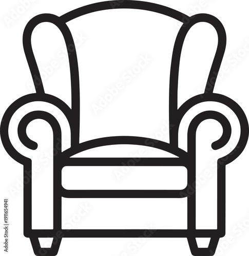 Simple line drawing of a classic armchair with rolled arms  furniture icon