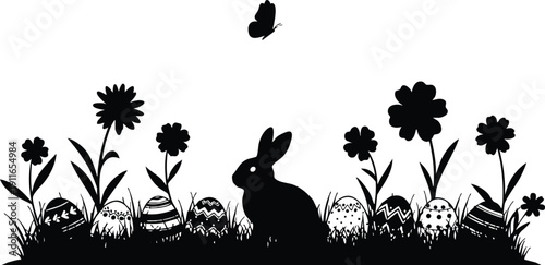 Silhouette of rabbit sitting among decorated easter eggs grass flowers and flying butterfly in minimalist black and white vector art