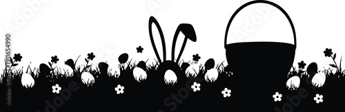 Black silhouette vector art of easter eggs hidden in grass with bunny ears and empty basket surrounded by spring flowers in landscape orientation